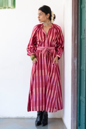 Sash Dress in Berry Broken Stripe