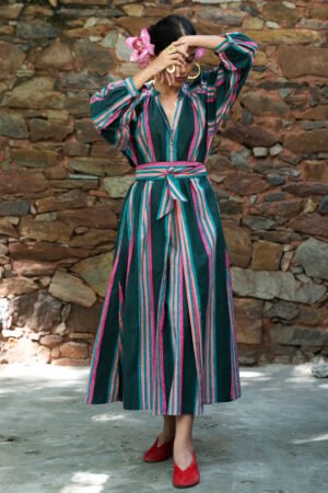 Sash Dress in Emerald Rug Stripe