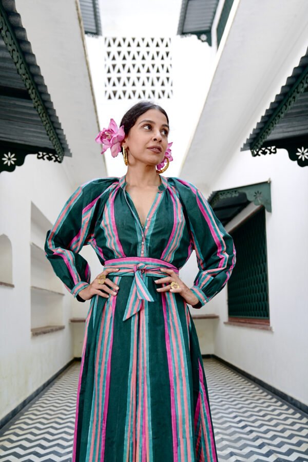 Sash Dress in Emerald Rug Stripe