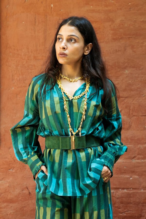 Shae Blouse in Forest Broken Stripe