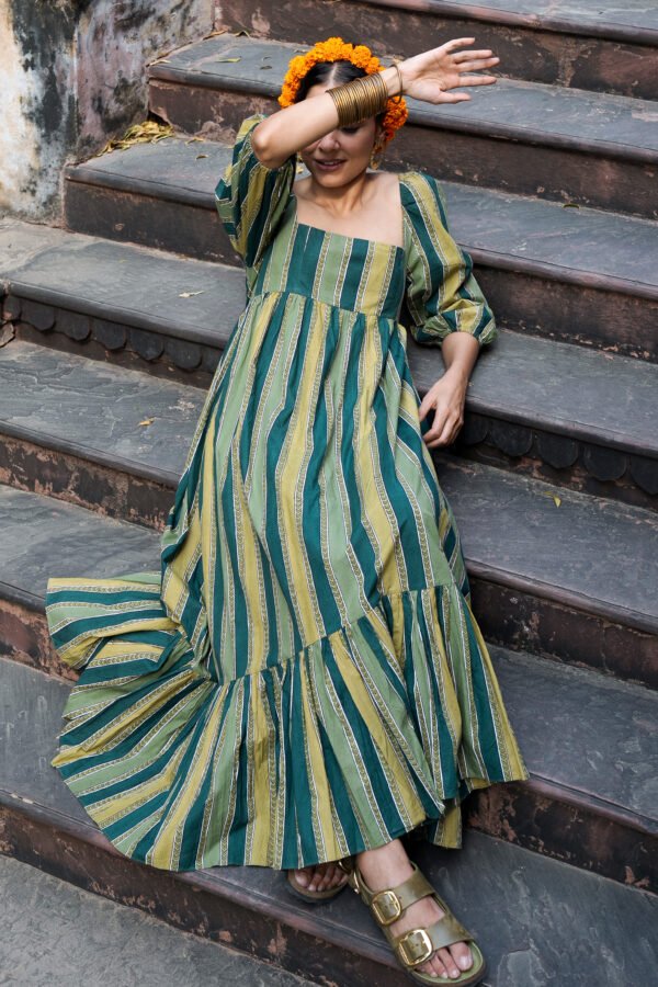 Sharon Dress in Olive Key Stripe