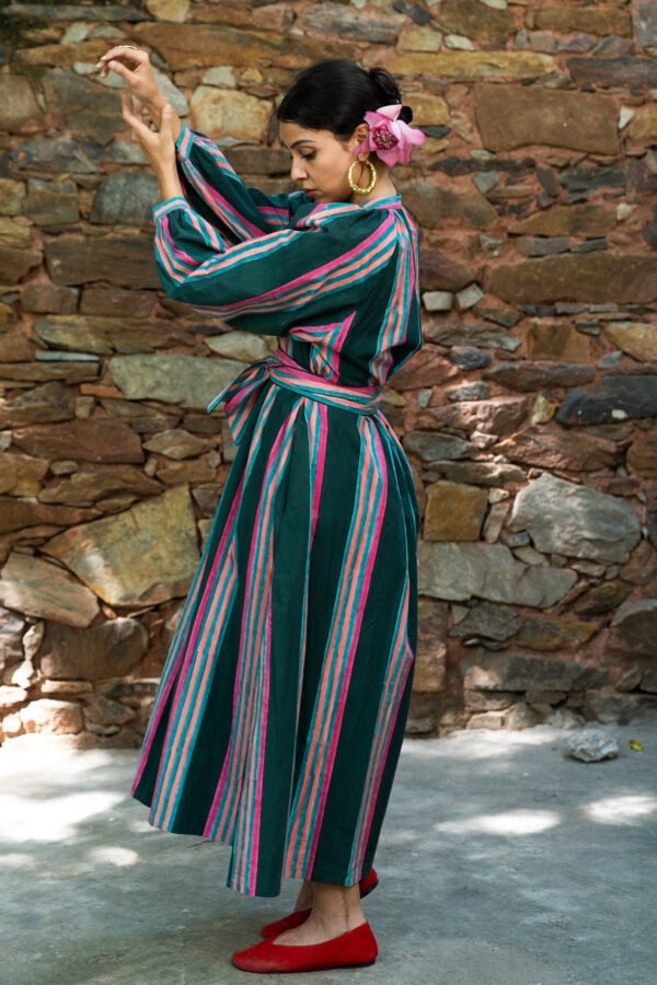 Sash Dress in Emerald Rug Stripe