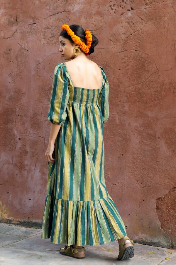 Sharon Dress in Olive Key Stripe