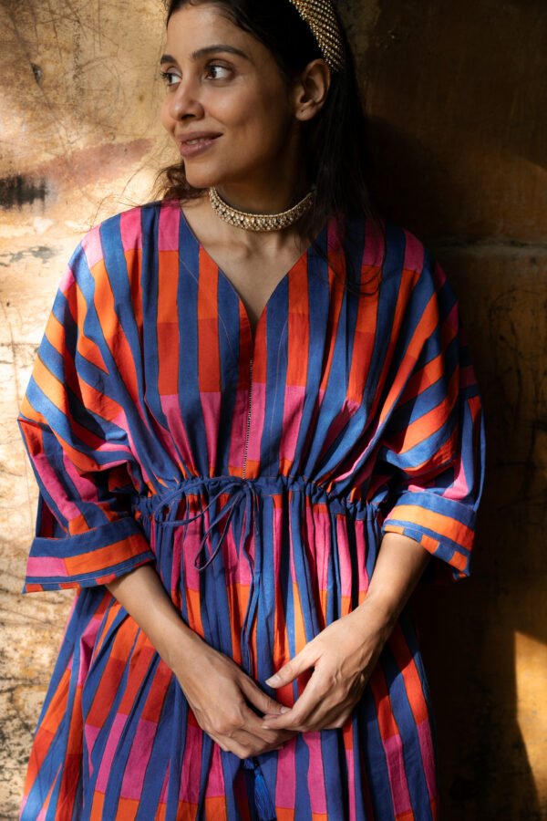 Shelly Caftan in Citrus Teal Broken Stripe