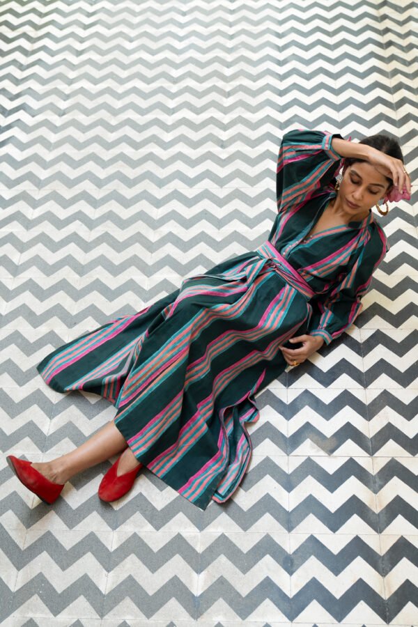 Sash Dress in Emerald Rug Stripe