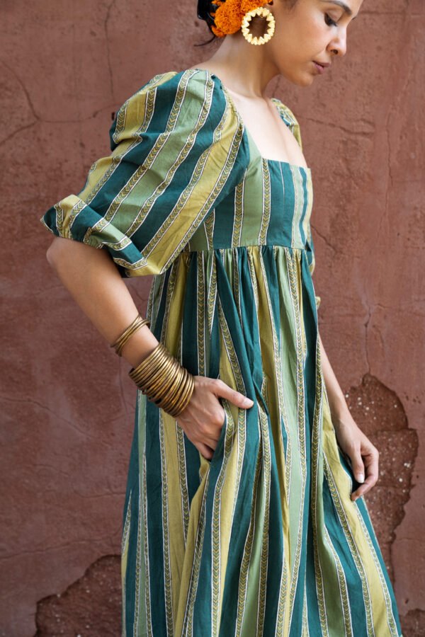 Sharon Dress in Olive Key Stripe