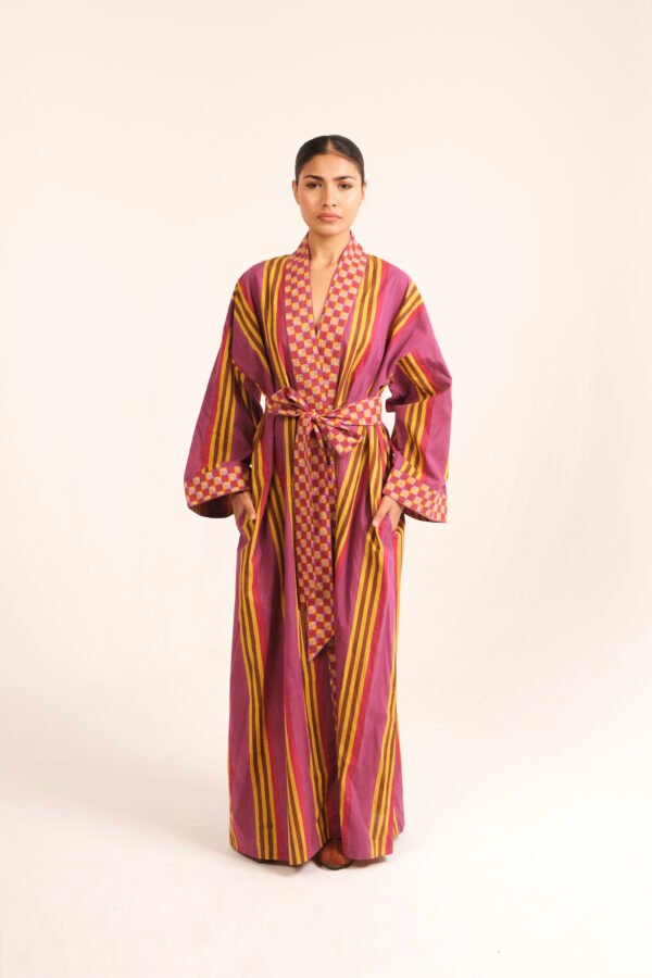 Sur Robe in Eggplant Gold Rug Stripe Sur Robe in Eggplant Gold Rug Stripe